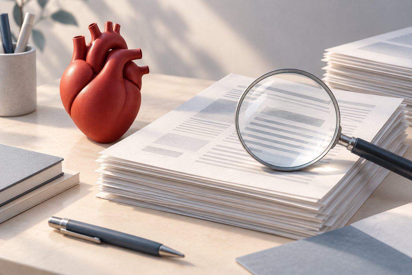 Conceptual illustration of a red heart model, a magnifying glass and a stack of research papers with no readable text.
