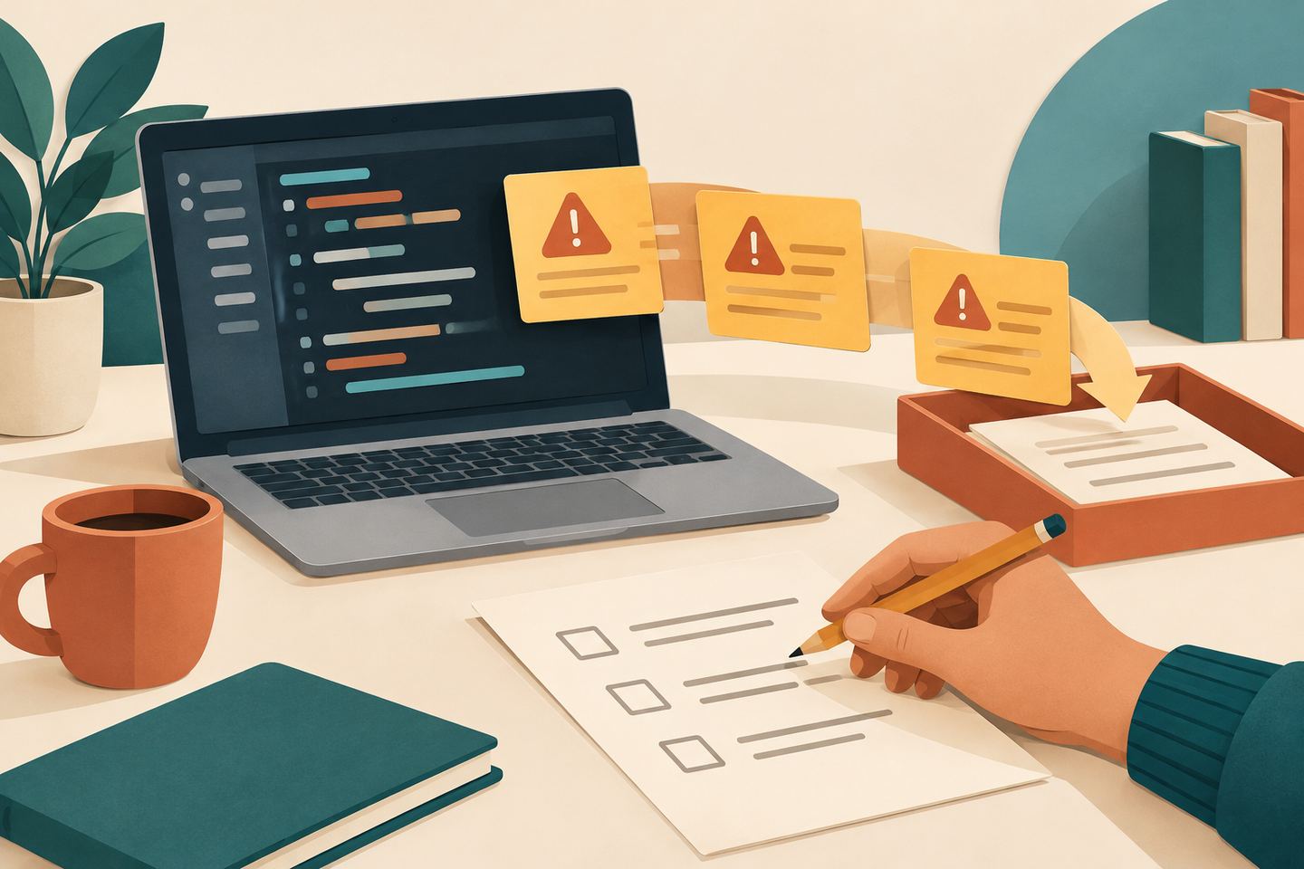 AI illustration of a laptop with abstract code, alert cards and a hand holding a pencil over a checklist.