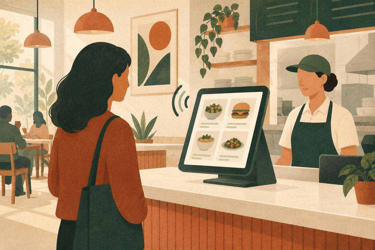 Conceptual AI illustration of a guest beside a restaurant menu kiosk with a voice symbol and a worker behind the counter. This does not depict the actual Square device.