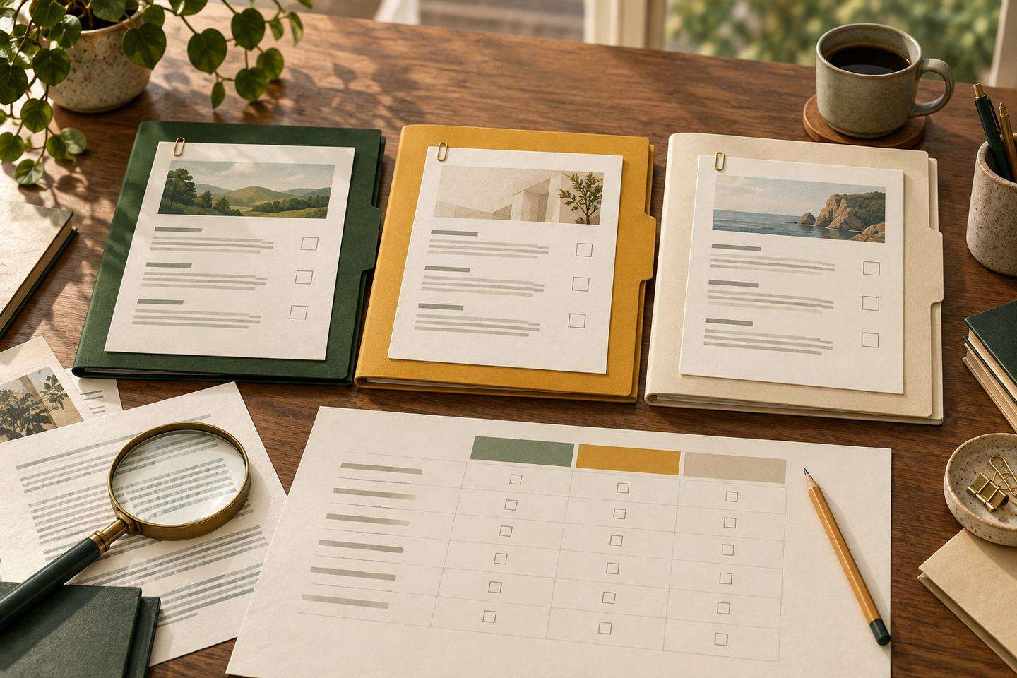 Three proposal folders, a magnifying glass and a blank comparison grid on a desk.