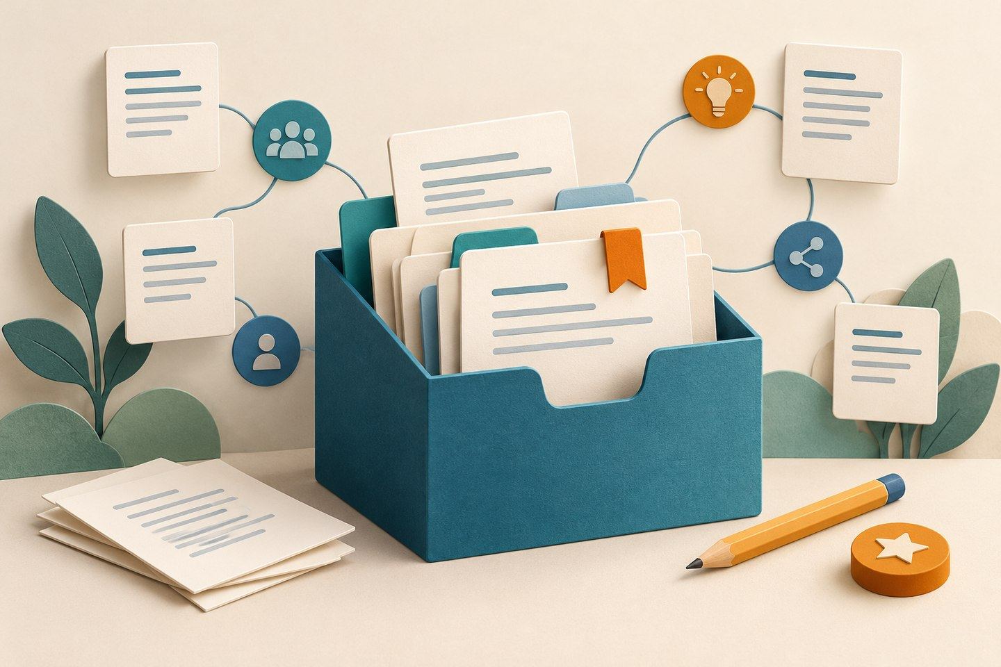Conceptual AI illustration: a teal document archive, linked pages and team symbols, with a pencil alongside.