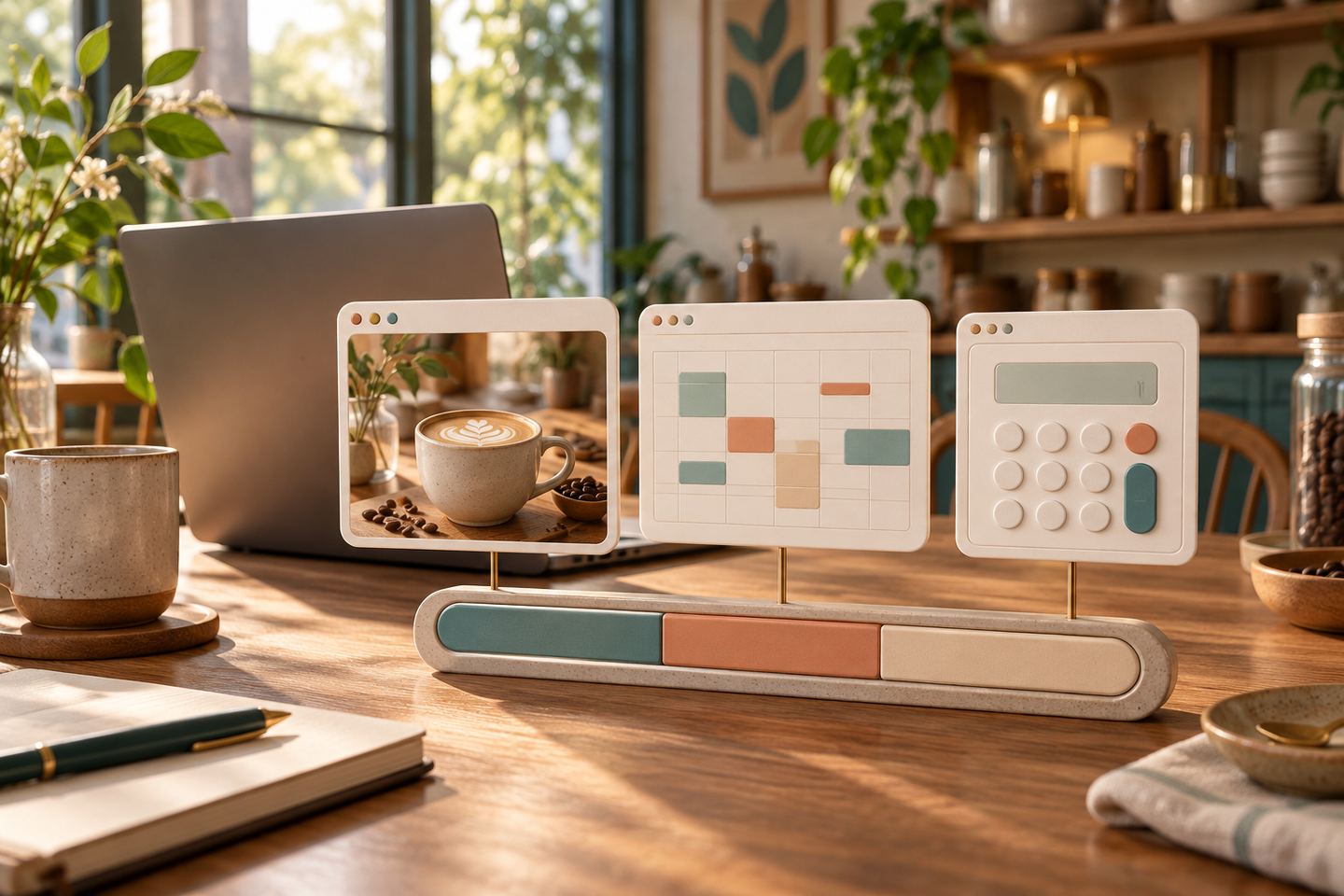 AI illustration of three symbolic web panels with coffee, a calendar and a calculator above a shared resource meter beside a laptop in a cafe.
