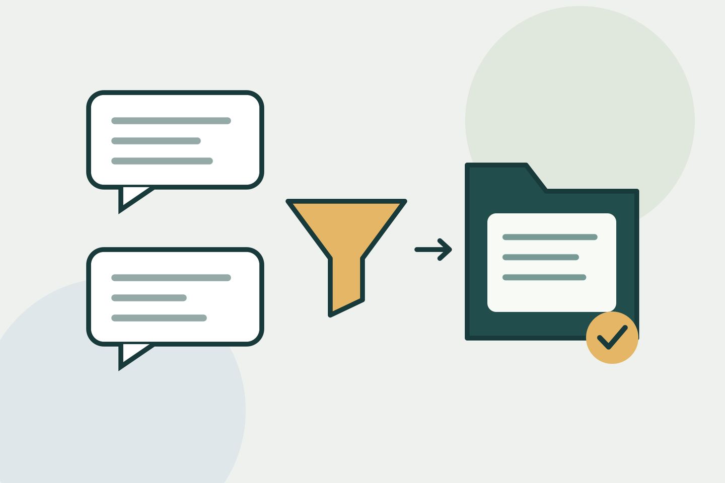 AI-assisted illustration: conversations pass through a filter into an export folder; not the Google Vault interface.