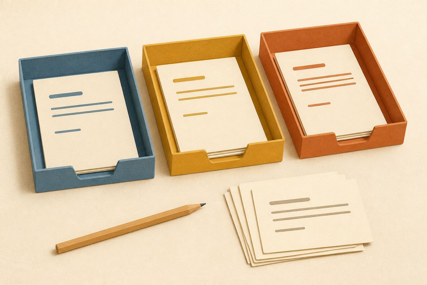 AI illustration: three coloured trays holding enquiry cards, a stack of cards and a pencil on a desk.