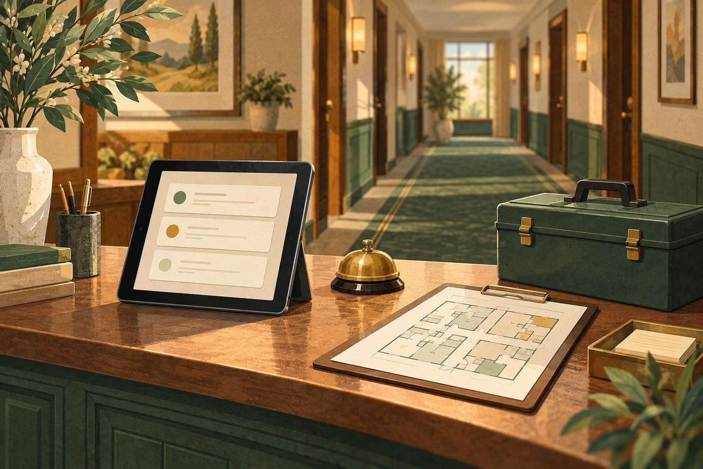 A tablet with maintenance-request cards on a hotel counter beside a floor plan, service bell and closed toolbox.