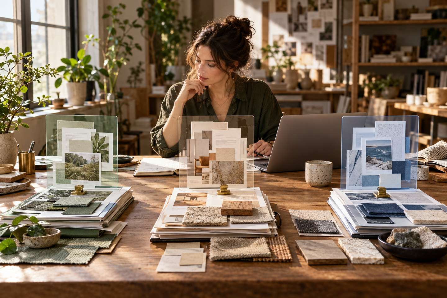 AI-generated illustration: a business owner reviews three separate groups of documents and samples at a worktable; a parallel-task review metaphor, not the ChatGPT interface.