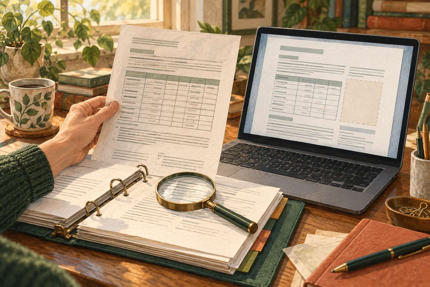 AI illustration: a hand holds a sheet with a table beside a laptop showing a document with a missing section; a binder and magnifying glass lie on the desk.