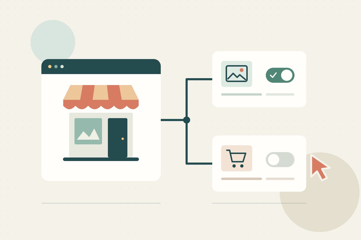 AI-assisted editorial illustration: a storefront with separate switches for image and cart tools; a conceptual diagram, not the BigCommerce interface