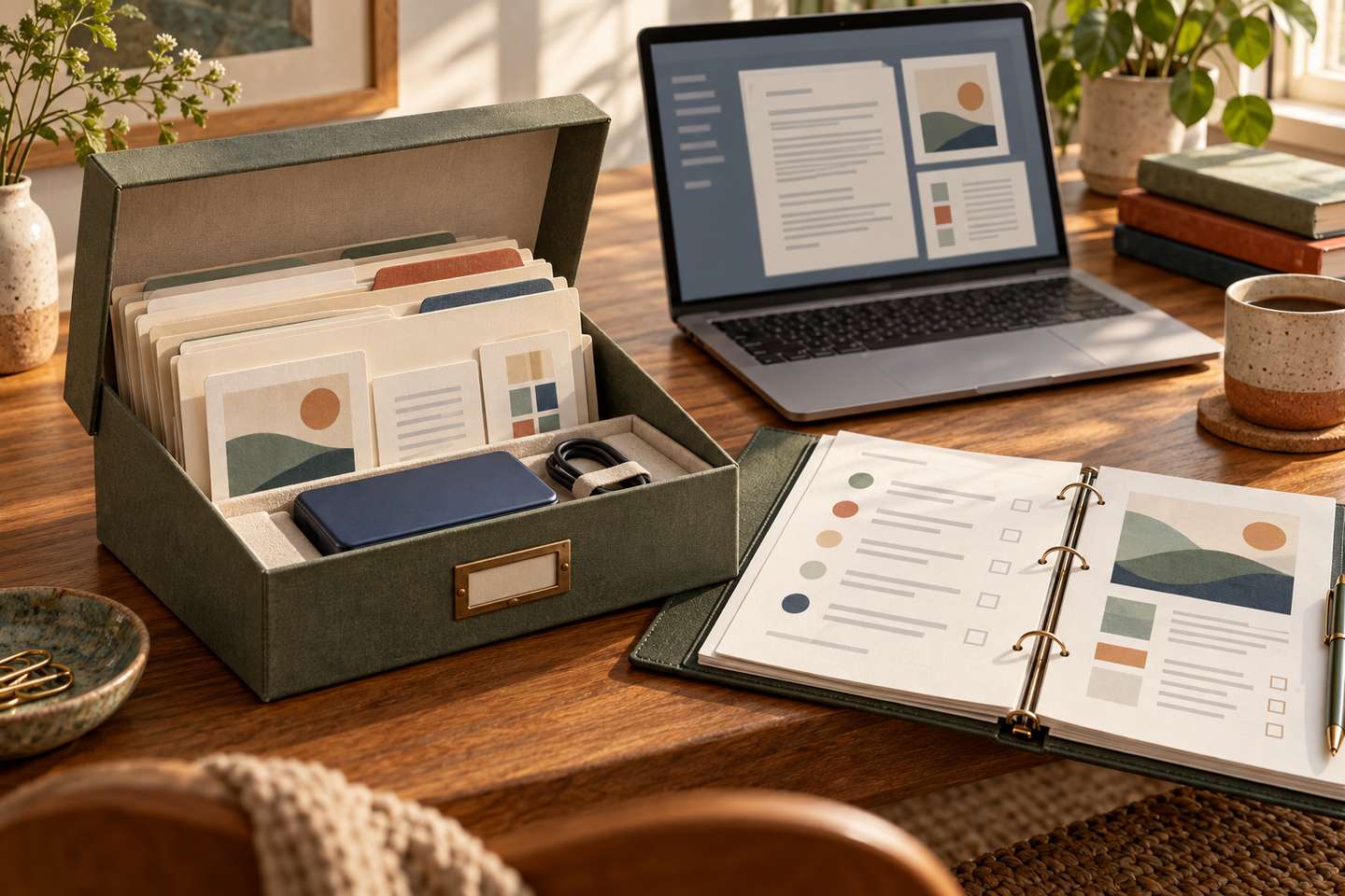 AI illustration: an archive box with organized documents and a storage drive beside a checklist