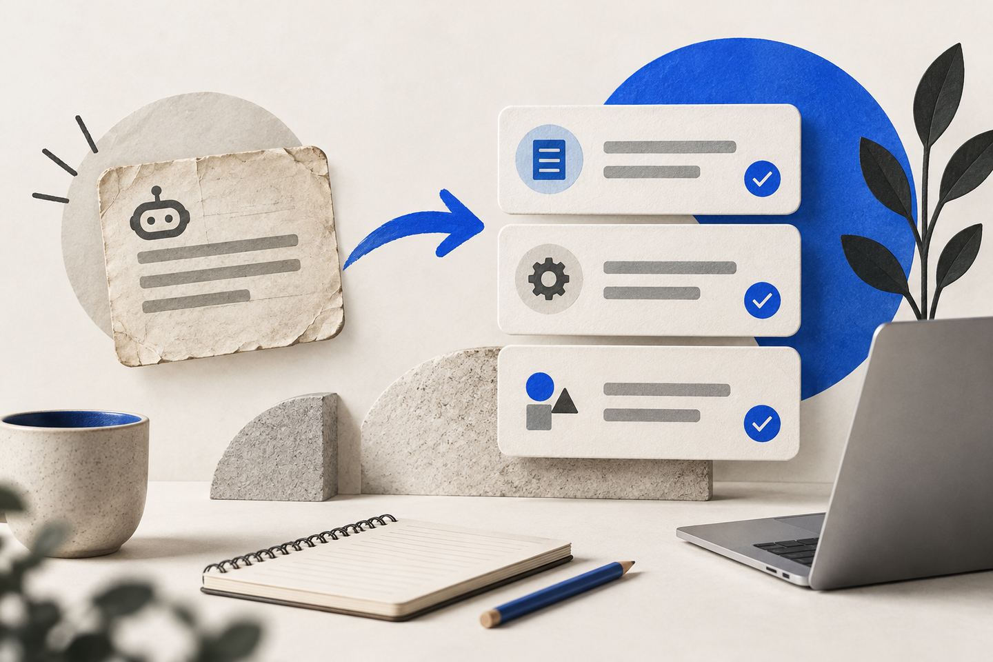 Editorial illustration: an arrow leads from one AI assistant card to three modular instruction cards