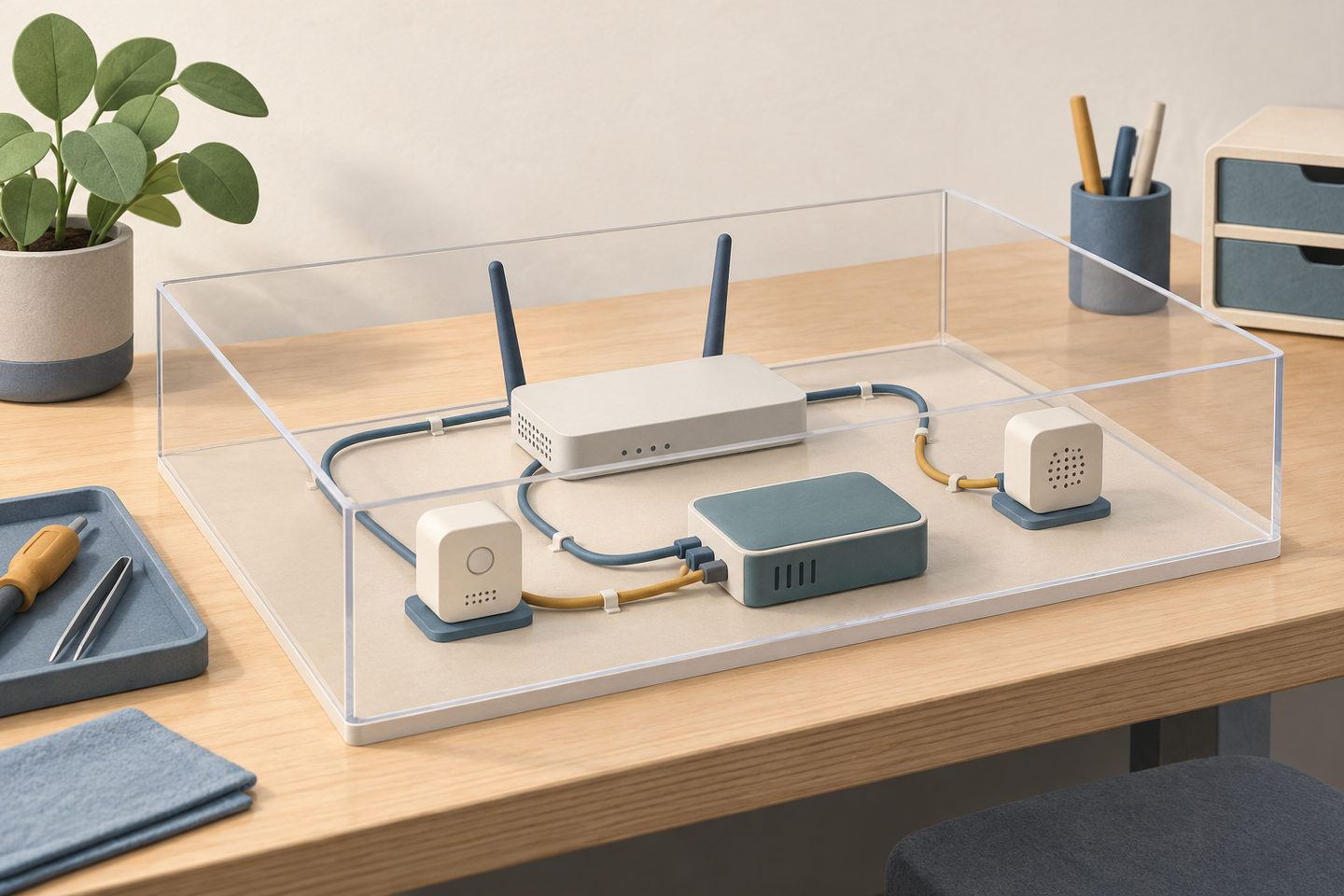 Generic network equipment and sensors connected by neatly arranged cables inside a transparent boundary on a workbench.