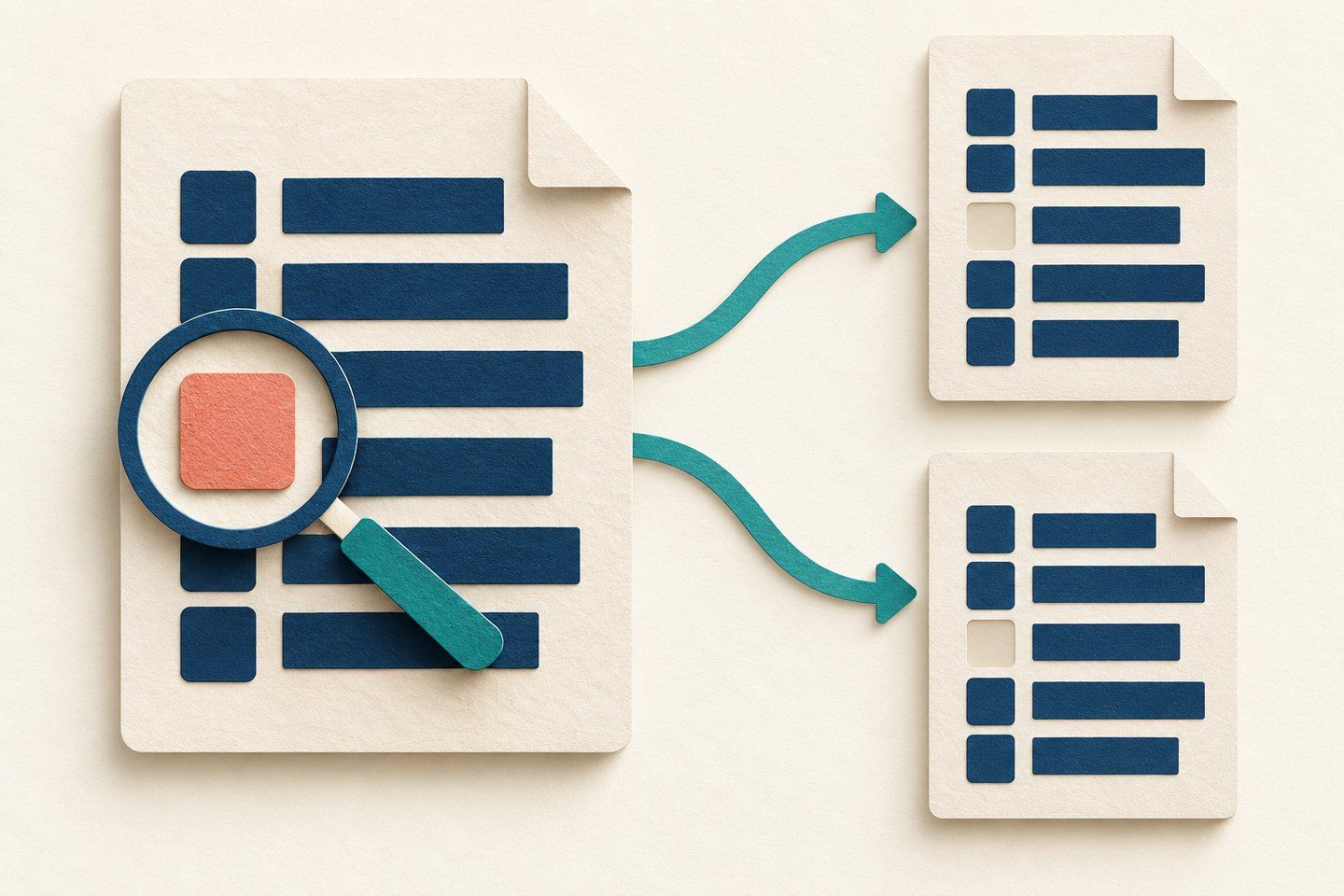 Conceptual illustration of a source document with a coral data tile and two matching summaries that both lack that tile.