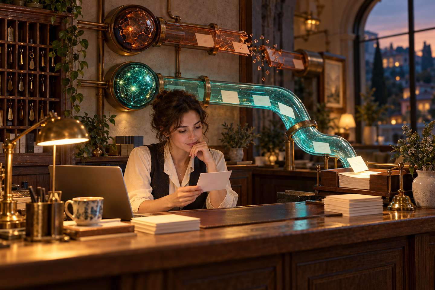 Conceptual AI illustration: a hotel receptionist reviews an enquiry beside interrupted and backup routes.