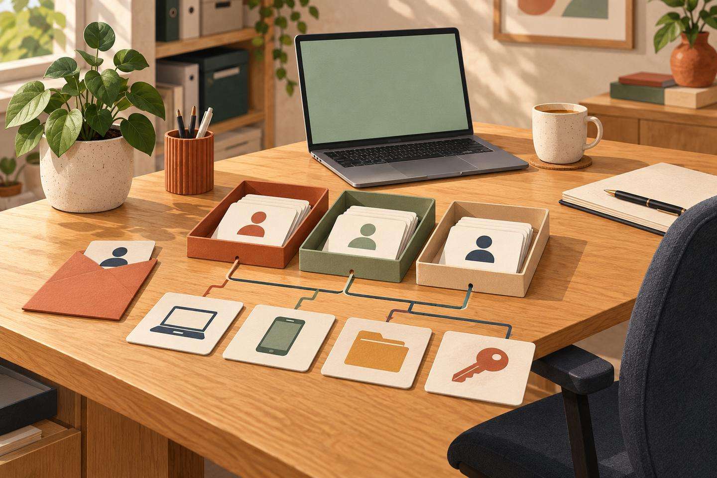 Abstract staff access cards organised beside device and app symbols on a small-business manager’s desk.