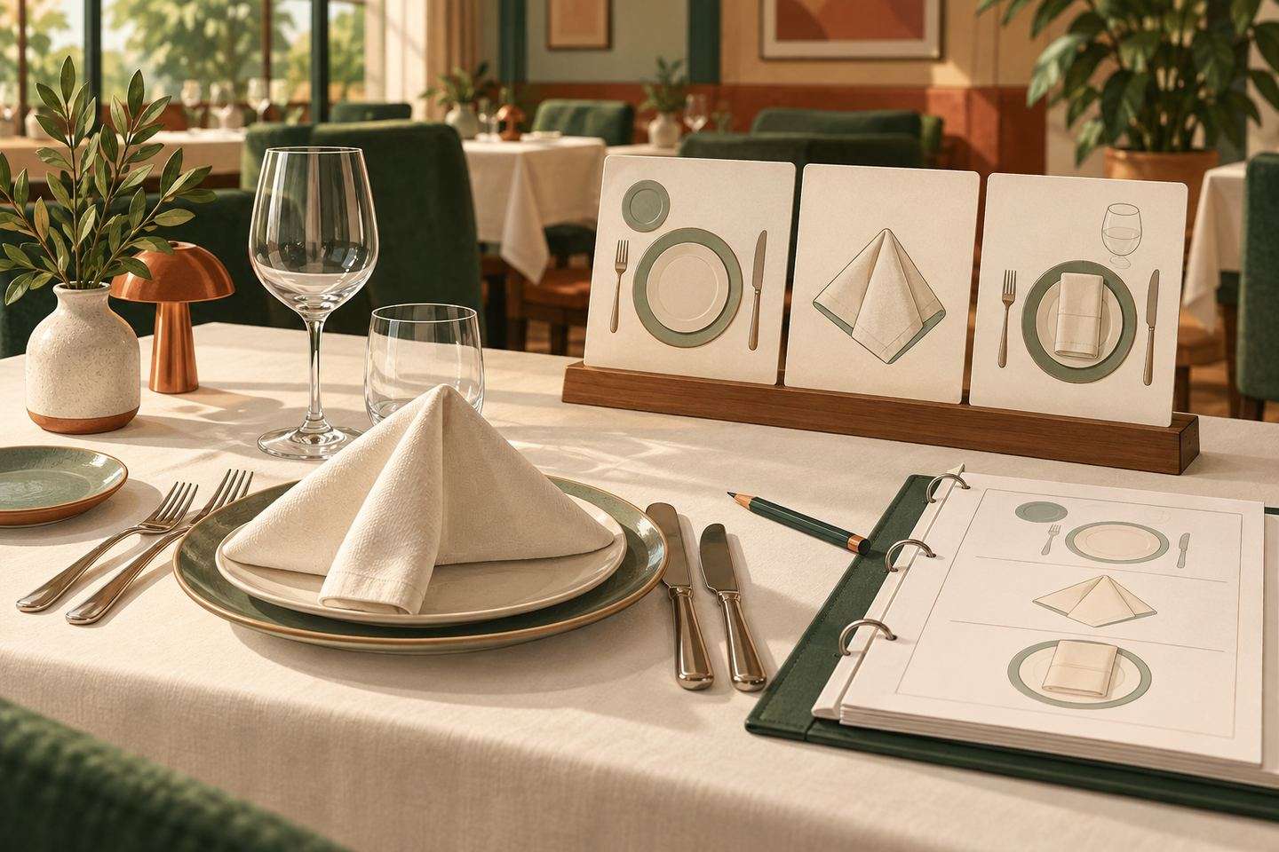 Illustrated table-setting training cards beside an open procedure binder and a set restaurant table.