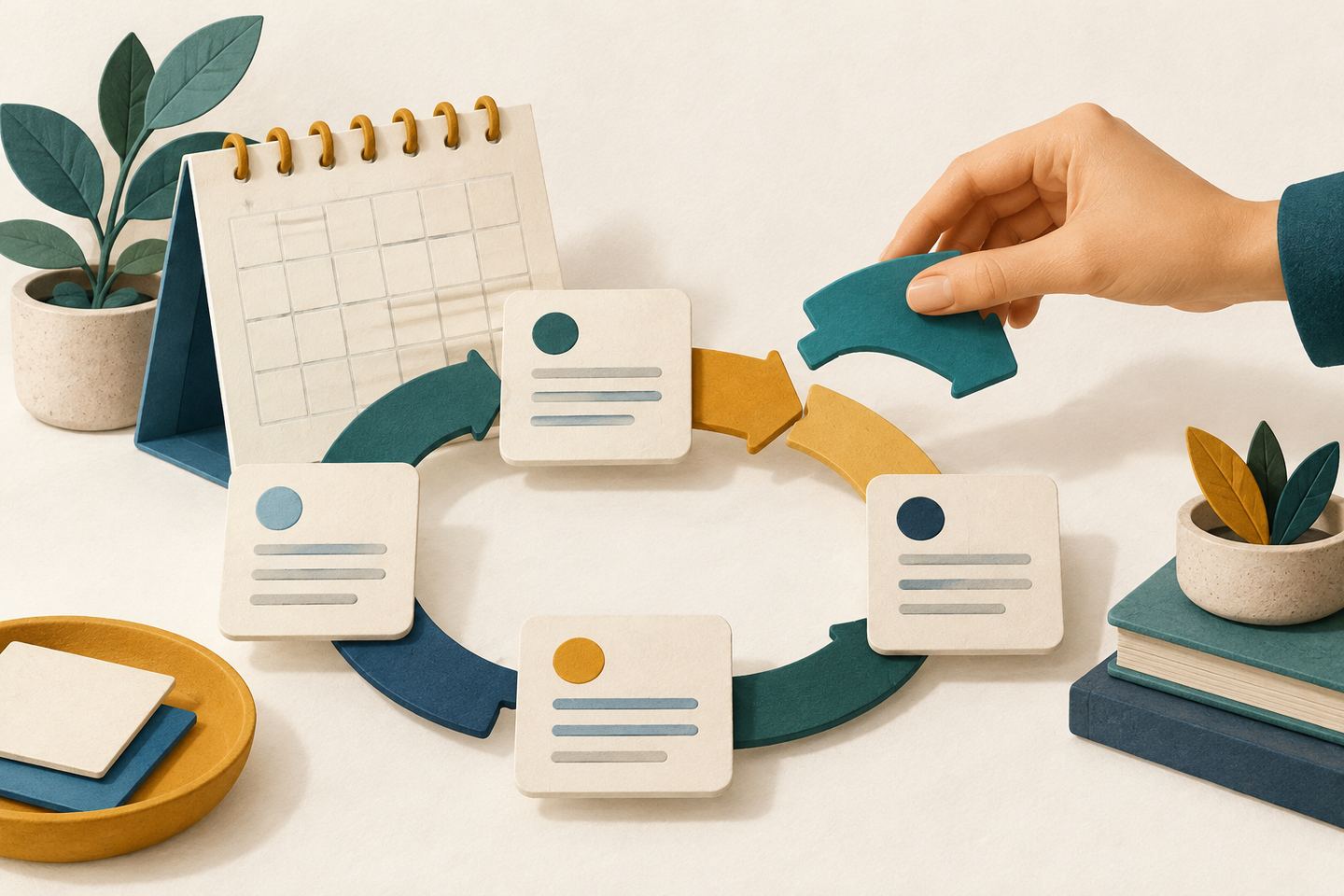 AI illustration: a hand replaces a teal segment in a loop of workflow cards beside a calendar without dates.