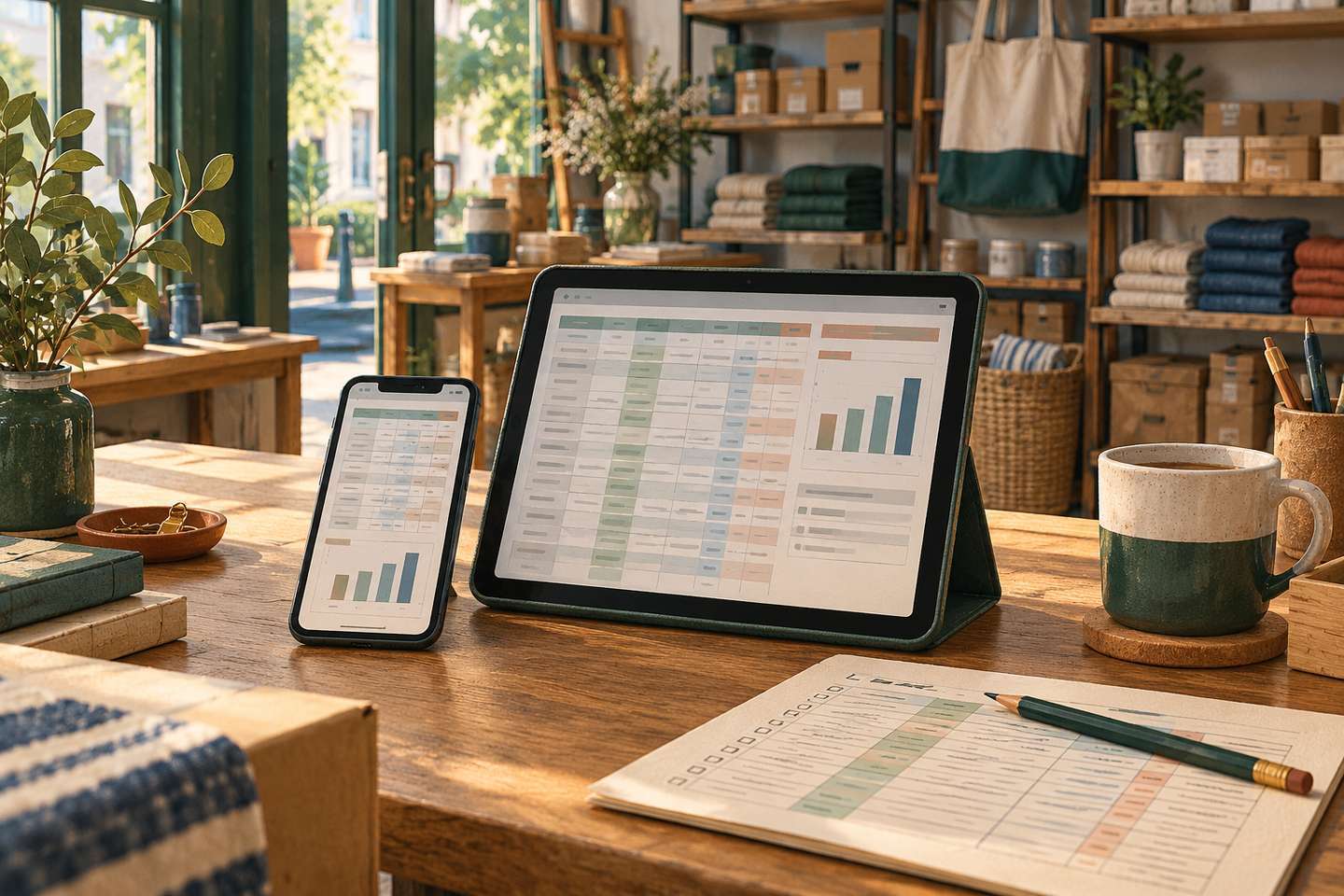 AI-generated illustration of a tablet and phone showing illustrative tables and charts on a shop counter, beside a paper sheet and pencil.