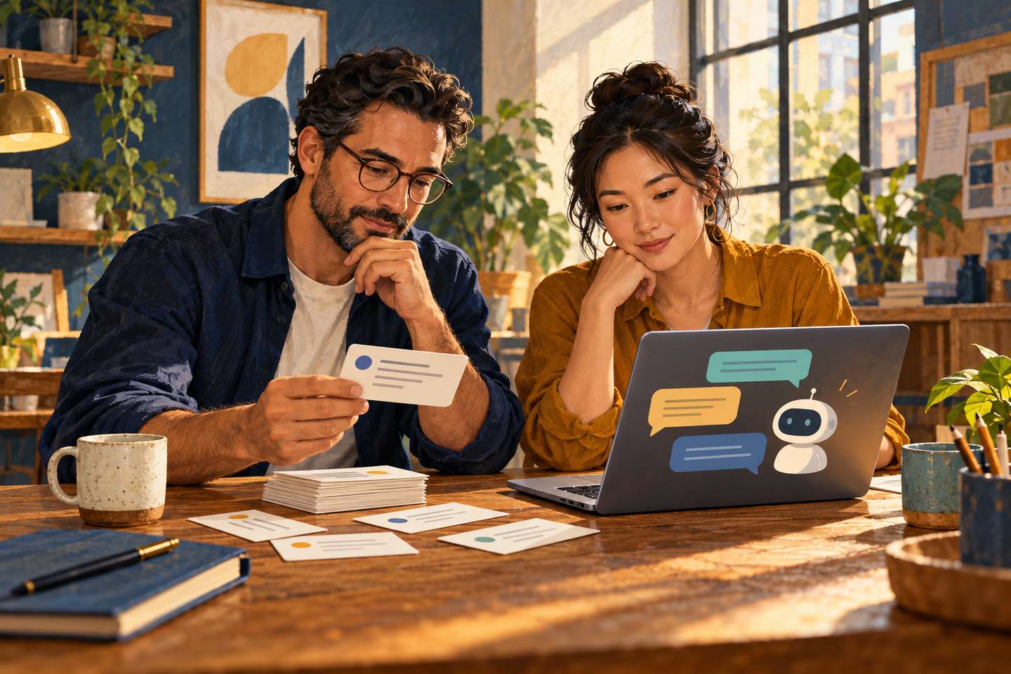Conceptual AI illustration: two colleagues review feedback cards beside a laptop decorated with conversation symbols.