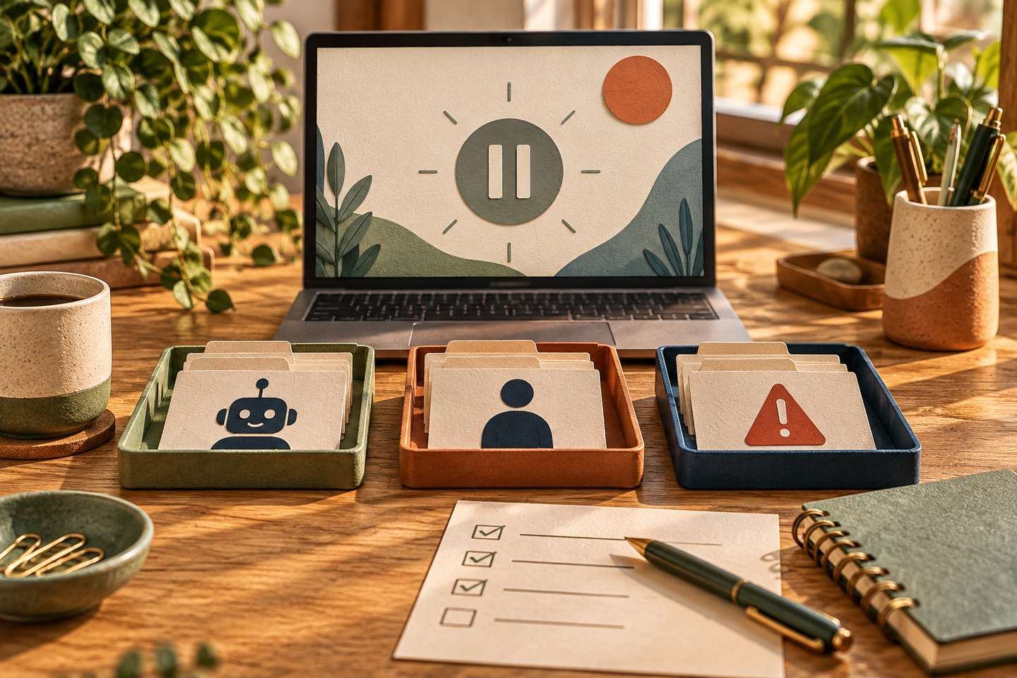 AI illustration: a laptop showing a pause symbol, three trays with robot, person and warning cards, and a checklist.