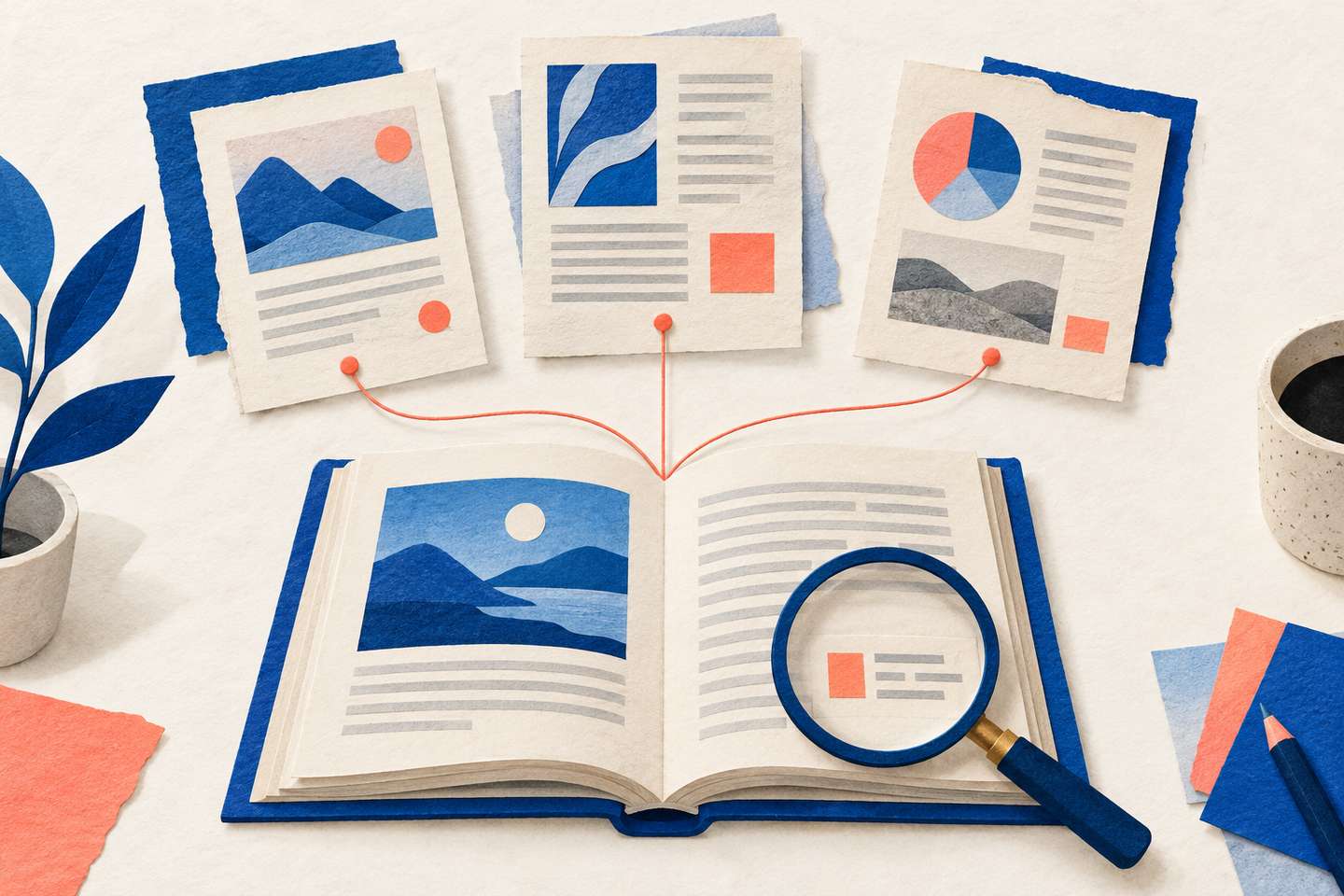 AI illustration: three documents linked by threads to an open book, with a magnifying glass over a passage.
