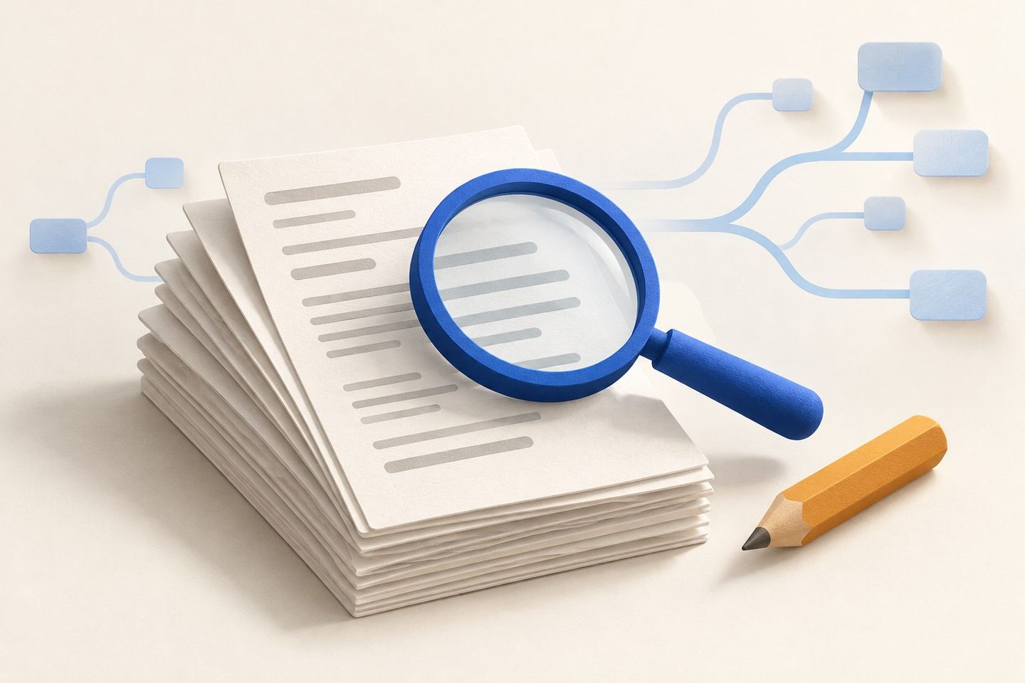 AI illustration: a blue magnifying glass above a document stack, with a pencil and branching links
