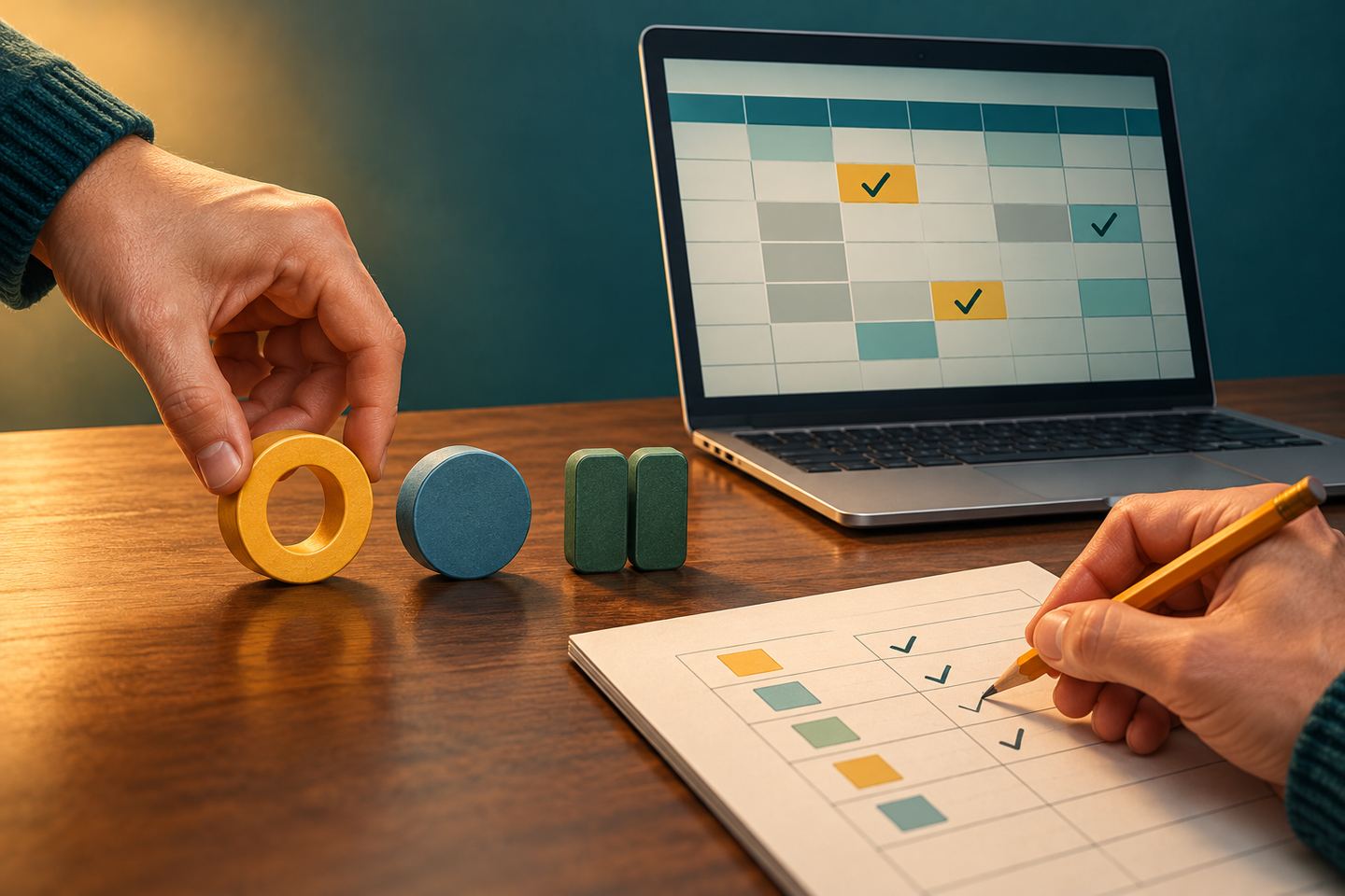 AI illustration: a person compares a conceptual spreadsheet with a paper check and tokens representing boundary cases.