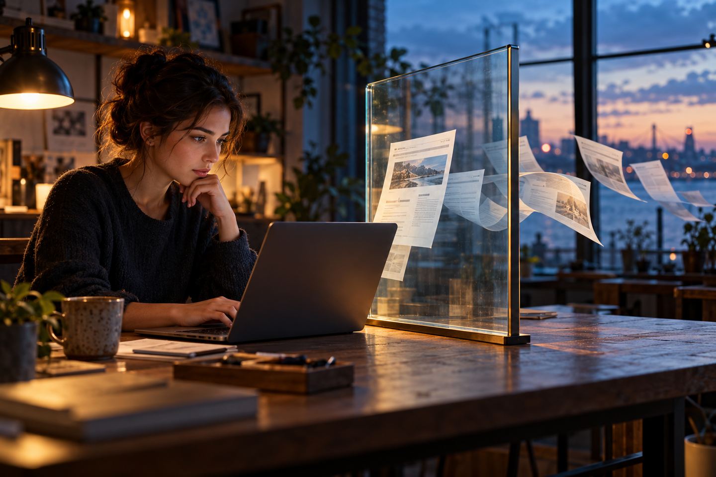AI-generated illustration: a woman at a laptop views conceptual website pages through a glass pane; a response-inspection metaphor, not the Cloudflare interface or a completed test.