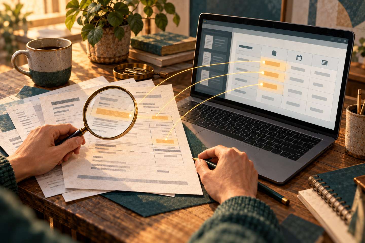 AI illustration: a person checks paper invoices with a magnifying glass; highlighted fields connect to a conceptual table on a laptop screen.