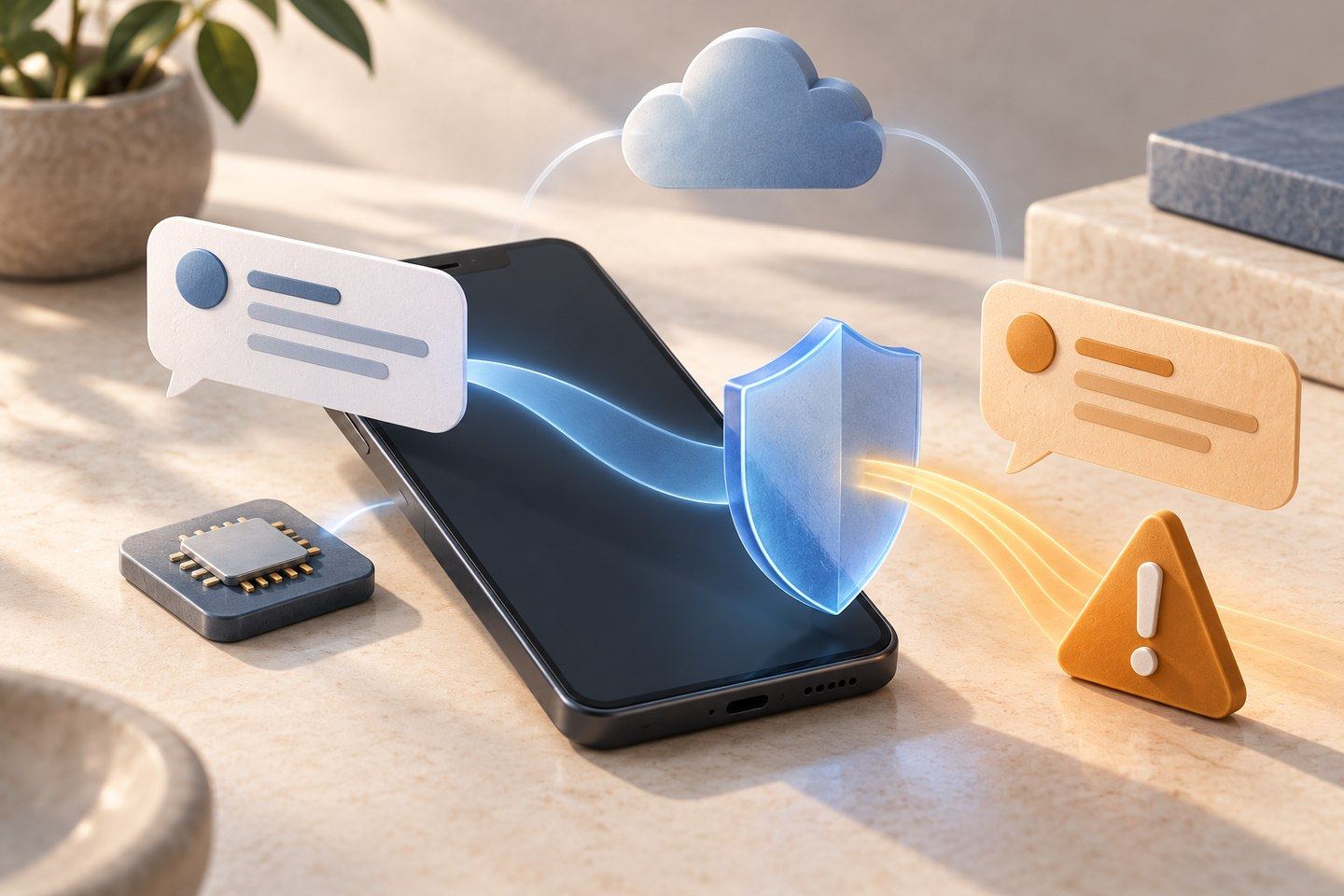 Conceptual AI illustration of a smartphone, message cards, blue shield, cloud, processor and warning symbol. This is not the Google Messages interface.