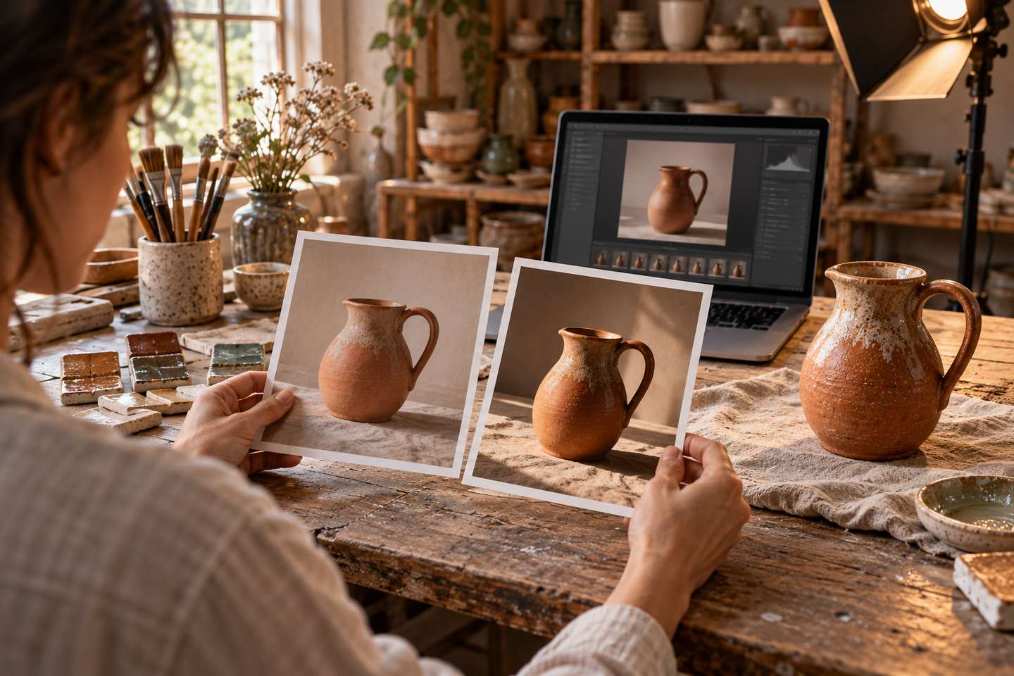 AI-generated illustration: in a fictional ceramics workshop, a person compares differently lit photographs of a pitcher beside the object itself; not a Microsoft Photos test result.