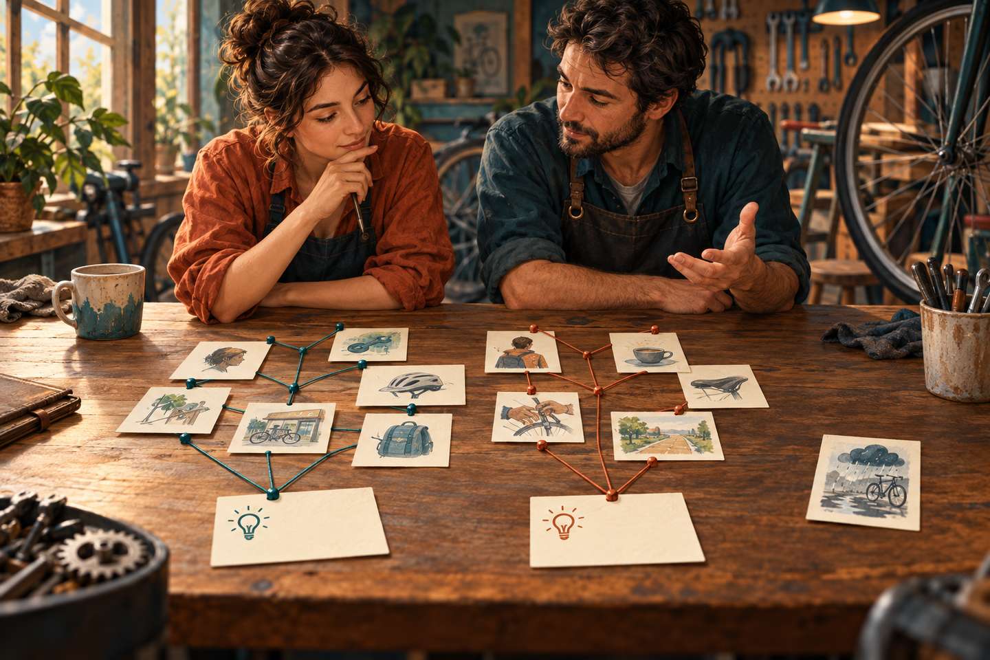 AI illustration of a fictional bicycle workshop: two people discuss observation cards and two possible hypotheses.