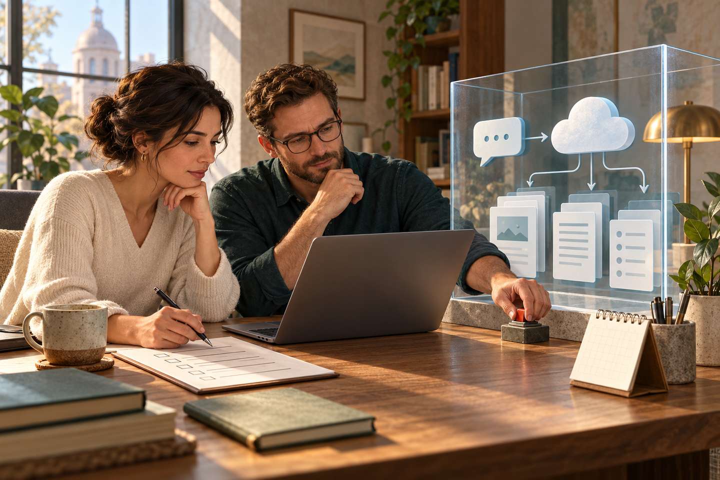 Conceptual AI illustration: two colleagues review a checklist beside a laptop and toggle, with a cloud document workflow nearby.