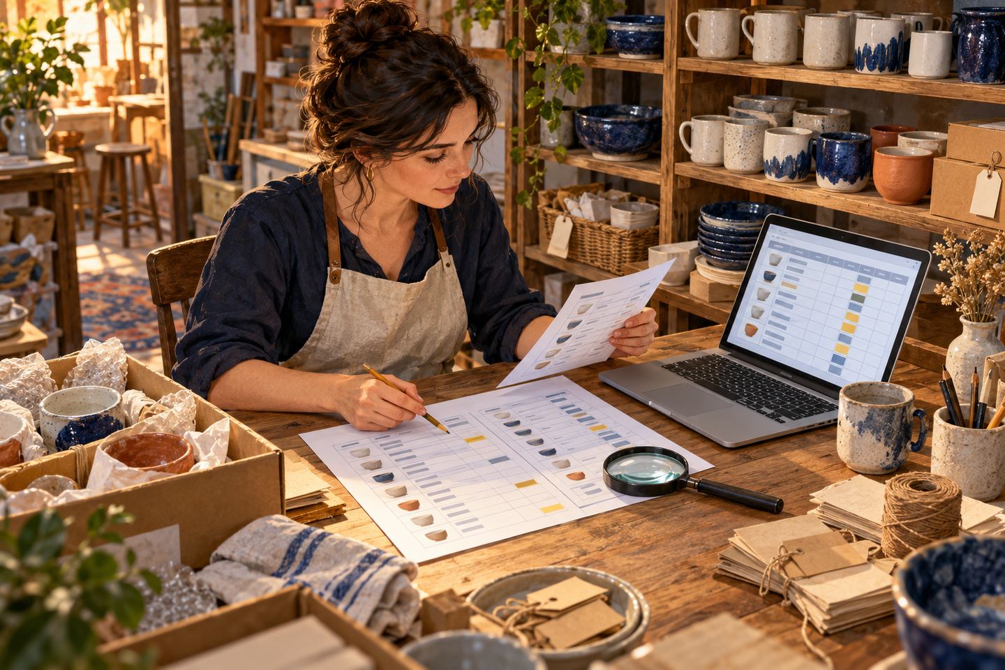 AI illustration: a person at a table in a ceramics shop compares printed product tables with a conceptual table on a laptop.