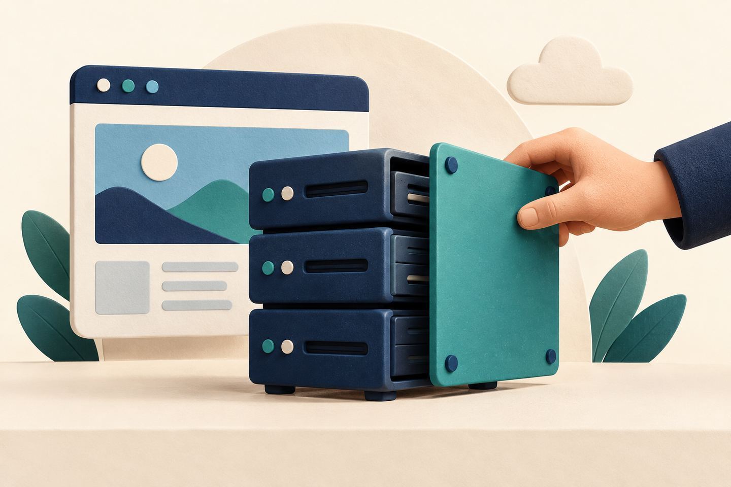 AI illustration: a hand fits a teal panel onto a conceptual server beside a website window.