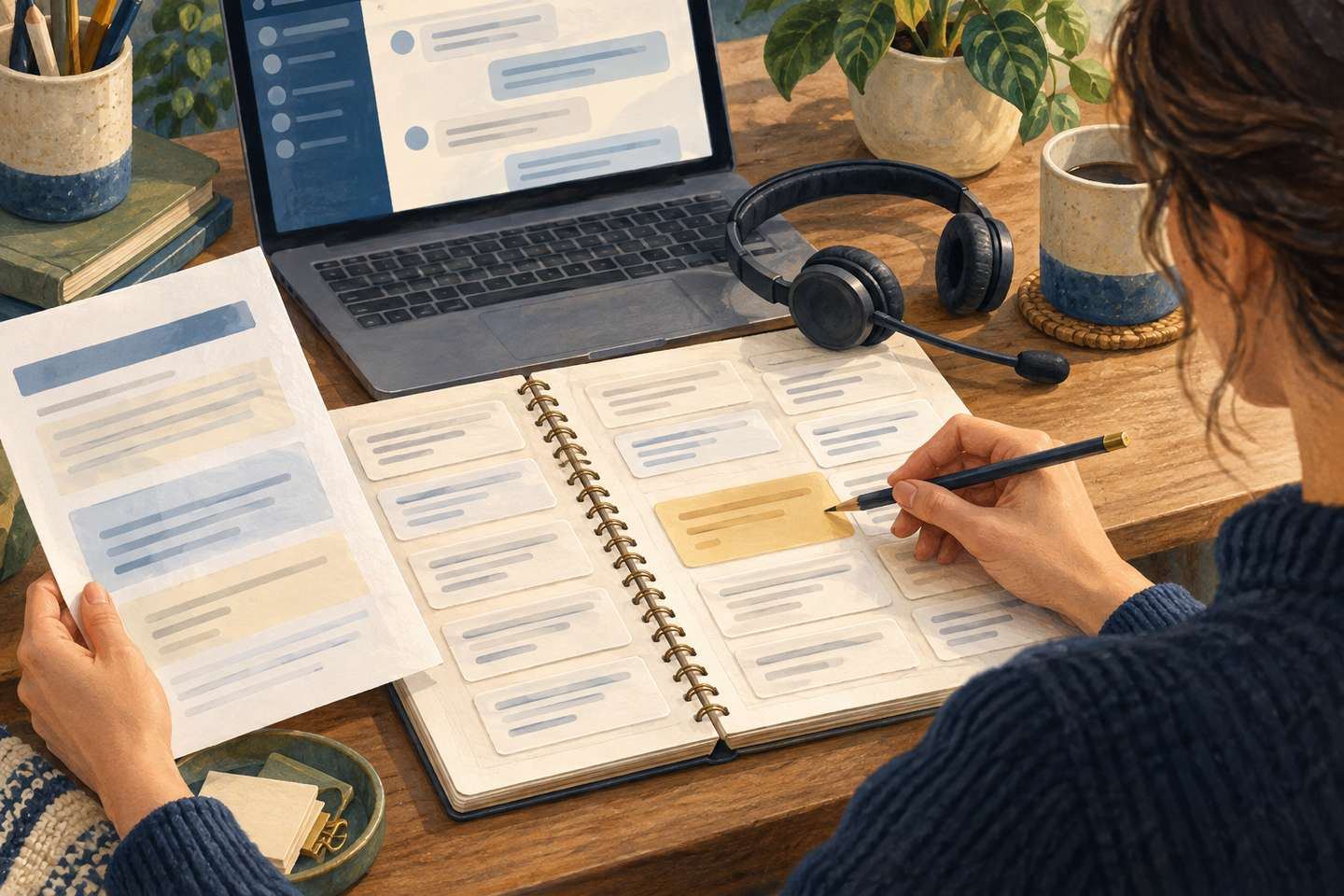 AI-generated illustration: a person compares enquiry cards in a notebook with a help page beside a laptop and headset
