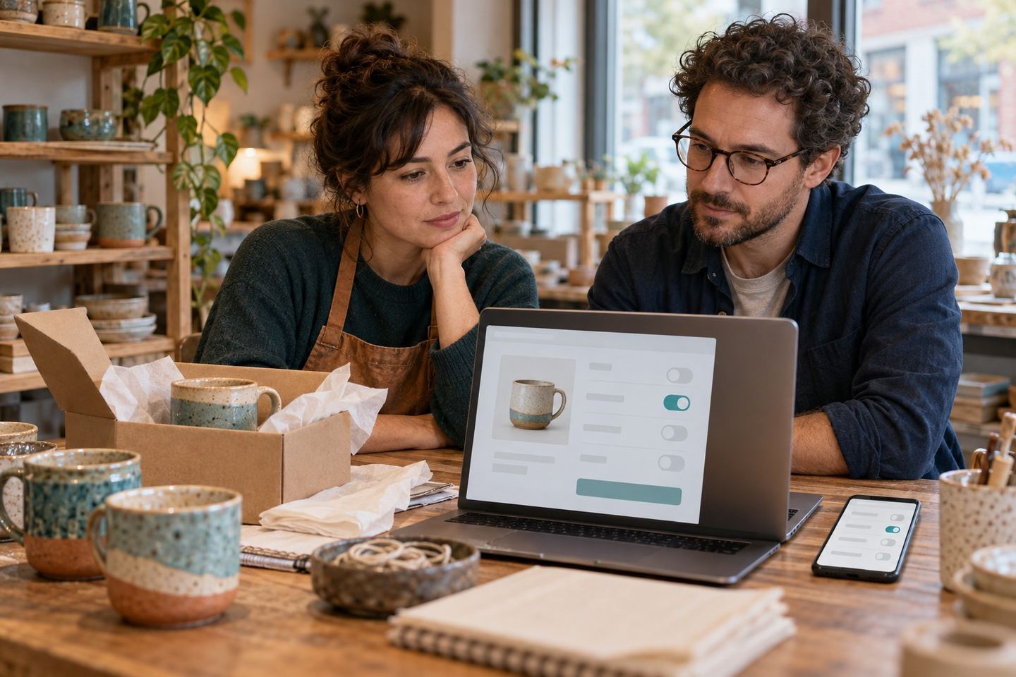 AI illustration: a shop owner and developer review a buyer-choice mockup on a laptop among ceramics and packing materials