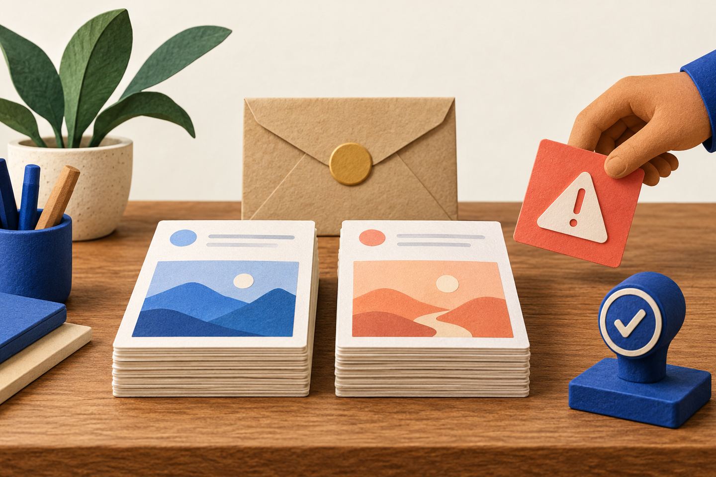 AI illustration: two stacks of test cards, a sealed envelope and a separate warning card on a workbench.