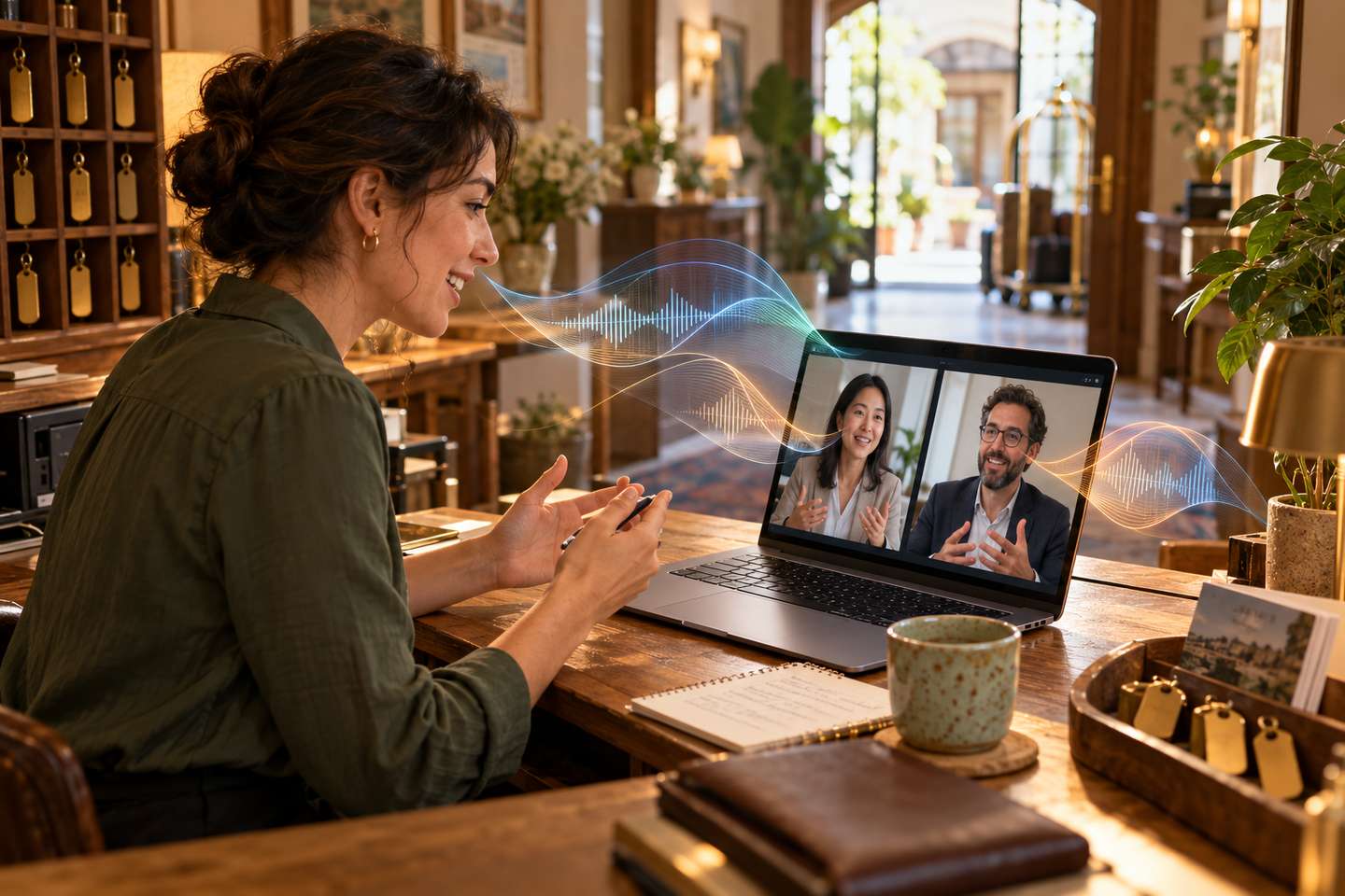 AI-generated illustration: a fictional hotel manager speaks with two partners on a video call; conceptual sound waves suggest translation, not the Google Meet interface or a real meeting.