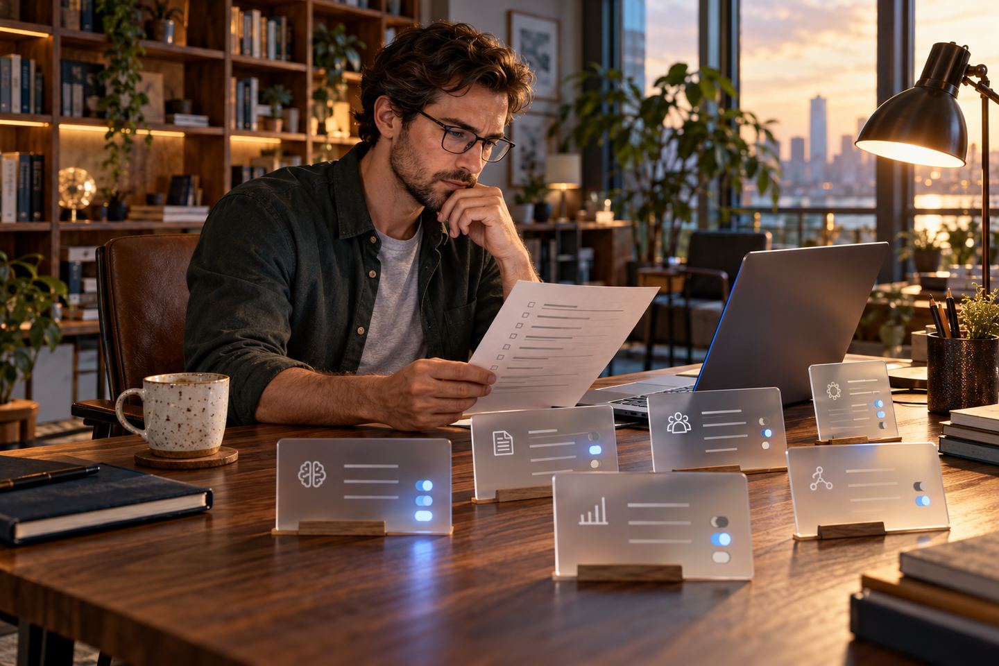 AI-generated illustration: an administrator compares a paper checklist with conceptual permission cards beside a laptop; not the GitHub interface or a completed test.