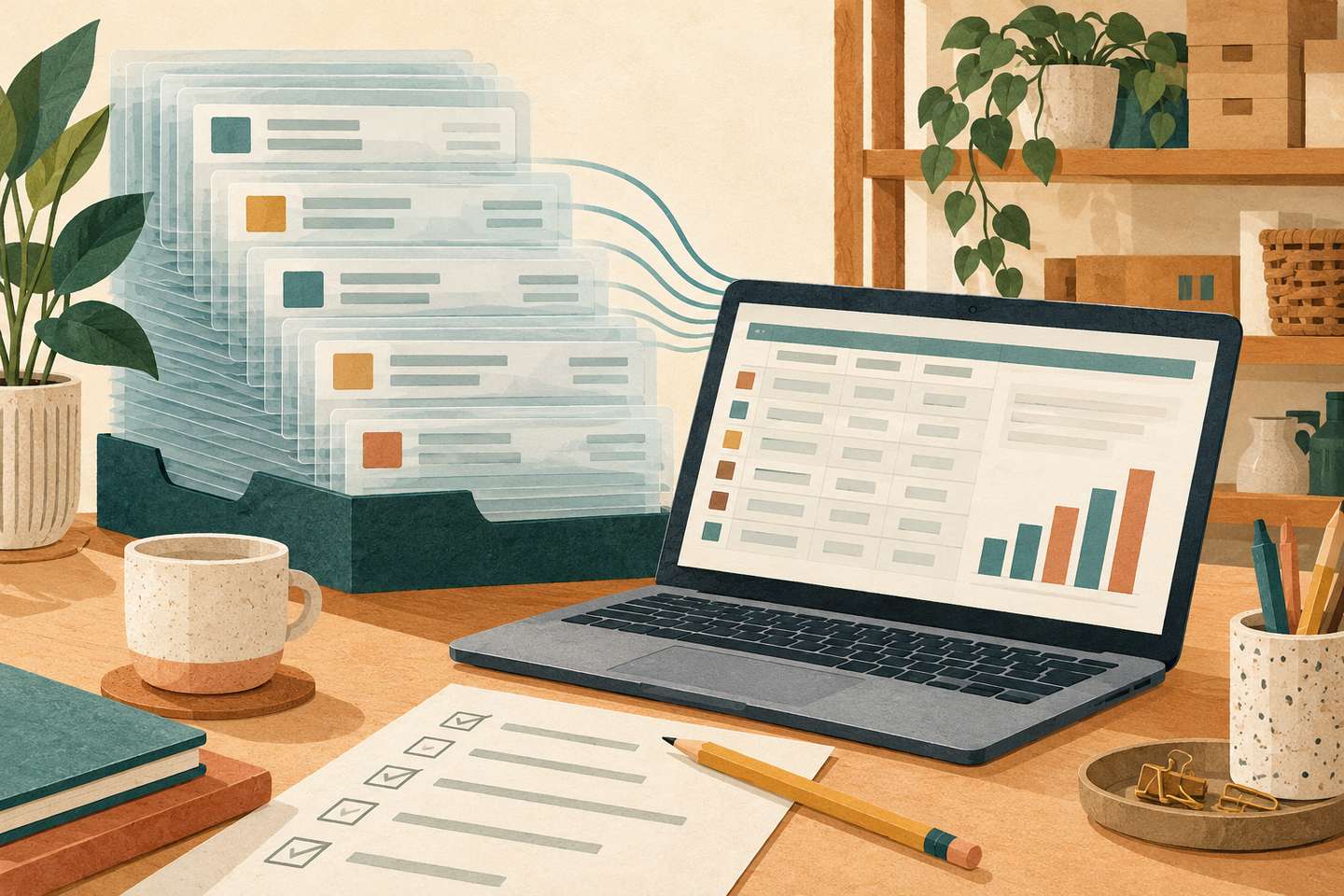 AI illustration: a laptop with a conceptual report linked to stacked records, with a paper checklist on a shop desk.