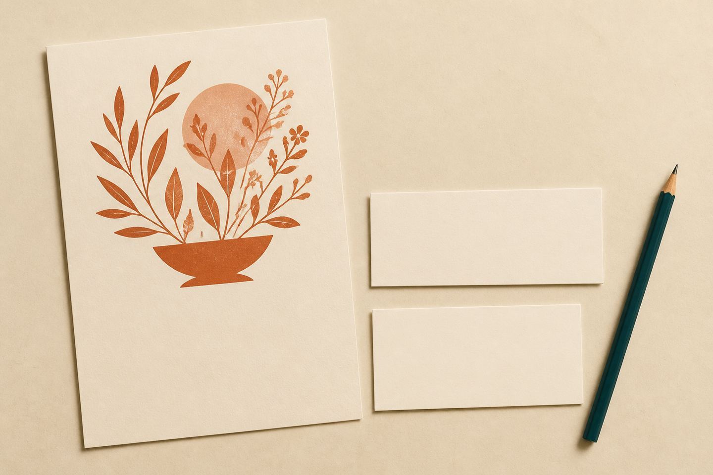 AI illustration: a poster with a botanical drawing, separate blank strips for wording and a pencil on a desk.