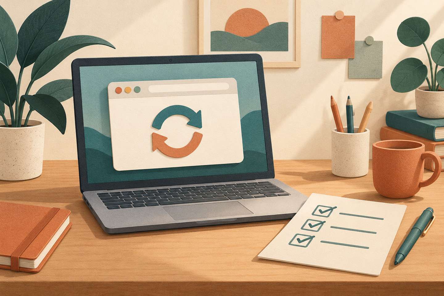 AI illustration: a laptop with a conceptual browser window and refresh symbol beside a paper checklist.