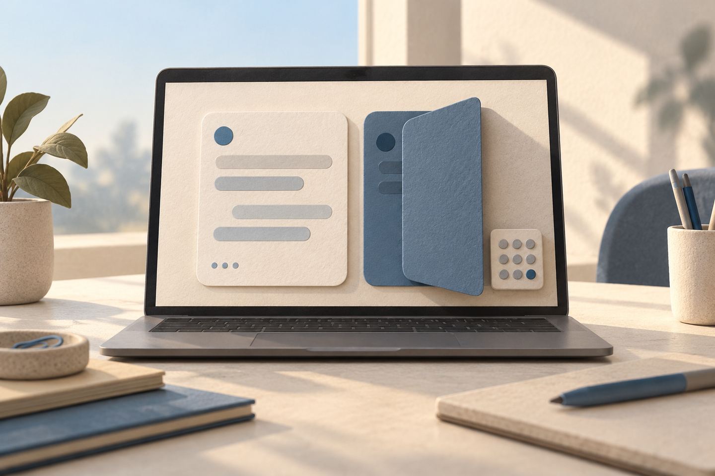 AI illustration: a laptop with two abstract chat cards, one partly covered by a blue flap, beside a conceptual PIN keypad.