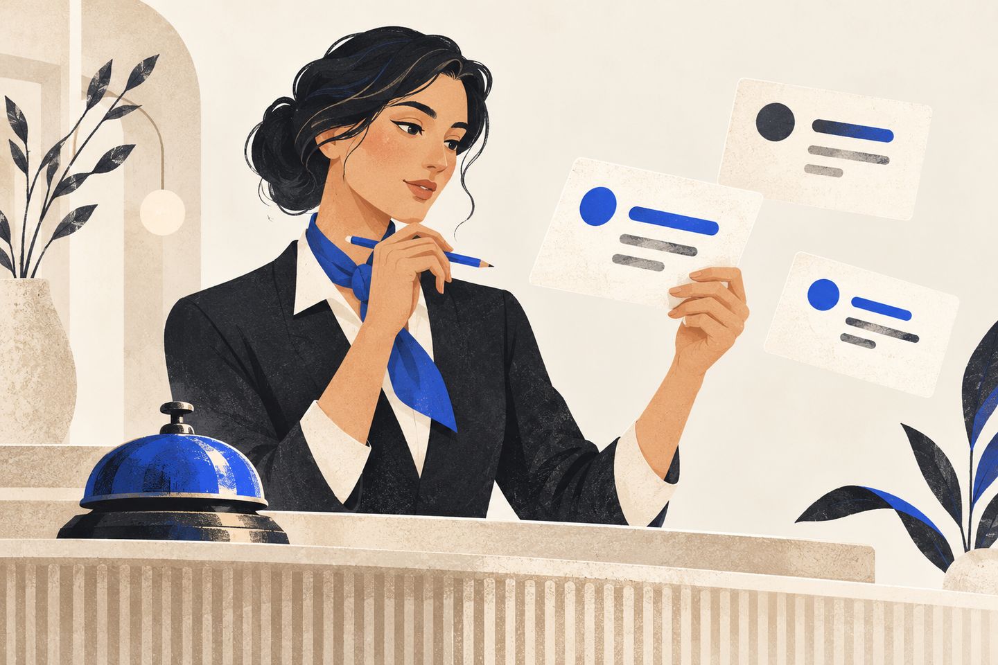 Editorial illustration of a hotel receptionist reviewing abstract message cards beside a cobalt reception bell.