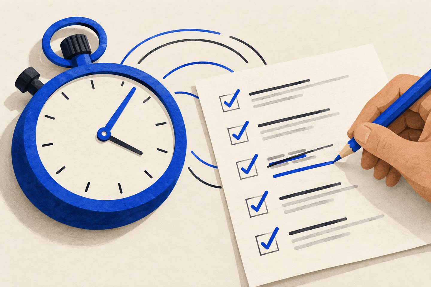 Editorial illustration of a cobalt stopwatch beside a review checklist as a hand crosses out and corrects a line.