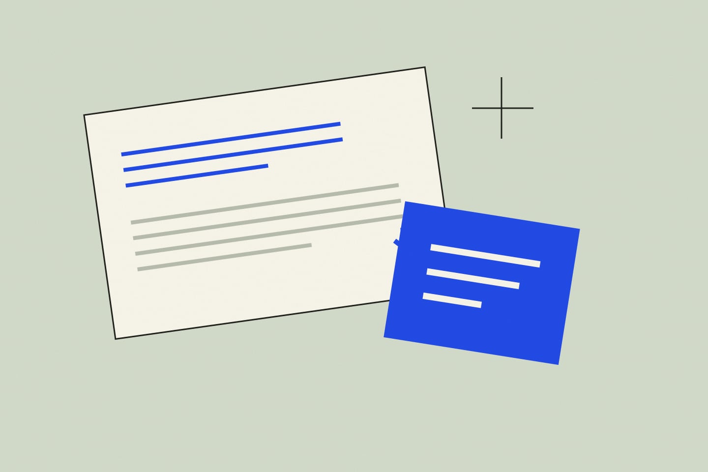 Two sheets with organized lines and a plus sign illustrating the structure of a prompt