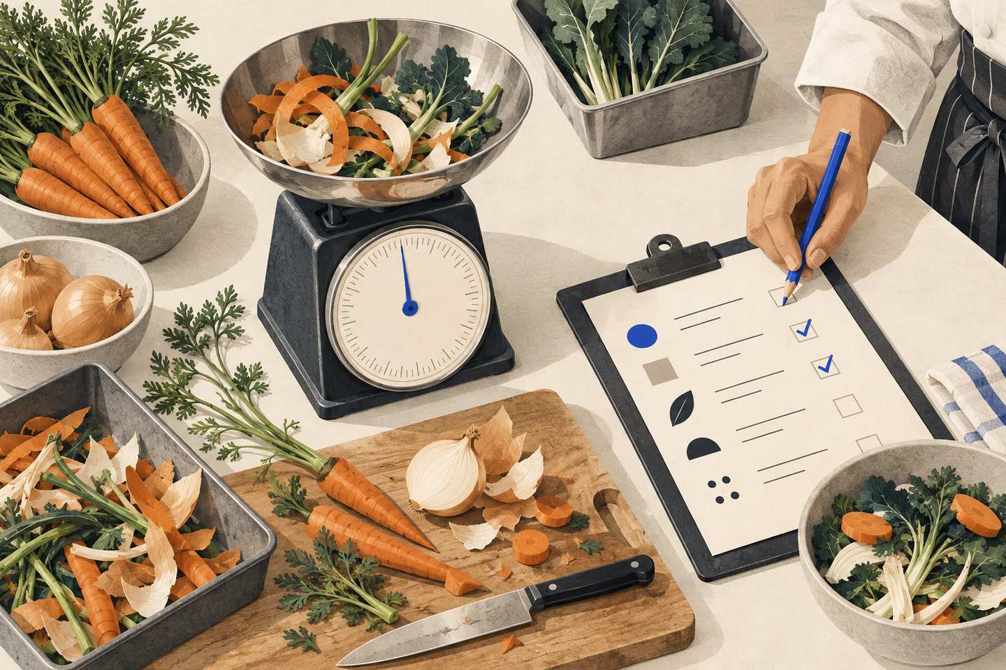 Editorial illustration of vegetable trimmings on a kitchen scale while a chef records checks on a clipboard beside fresh ingredients.