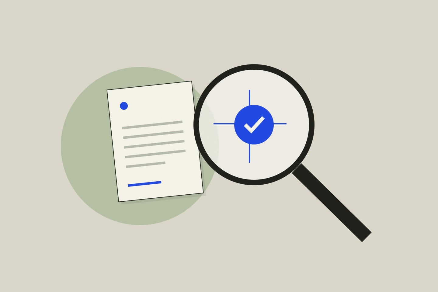 A magnifying glass over a document with a blue check representing human review