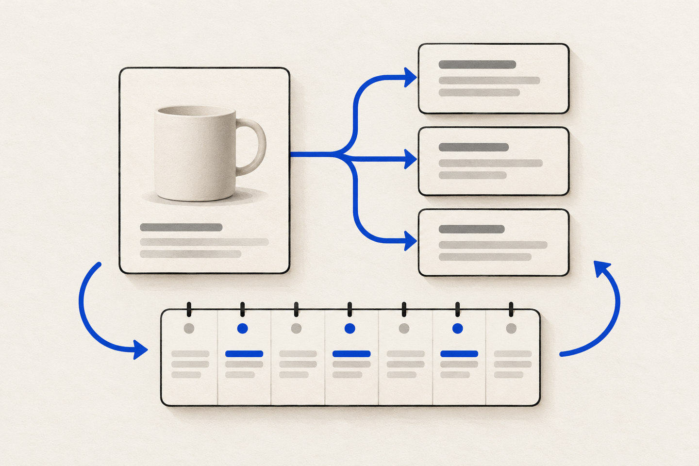 Editorial illustration of a product card, language versions and a weekly calendar