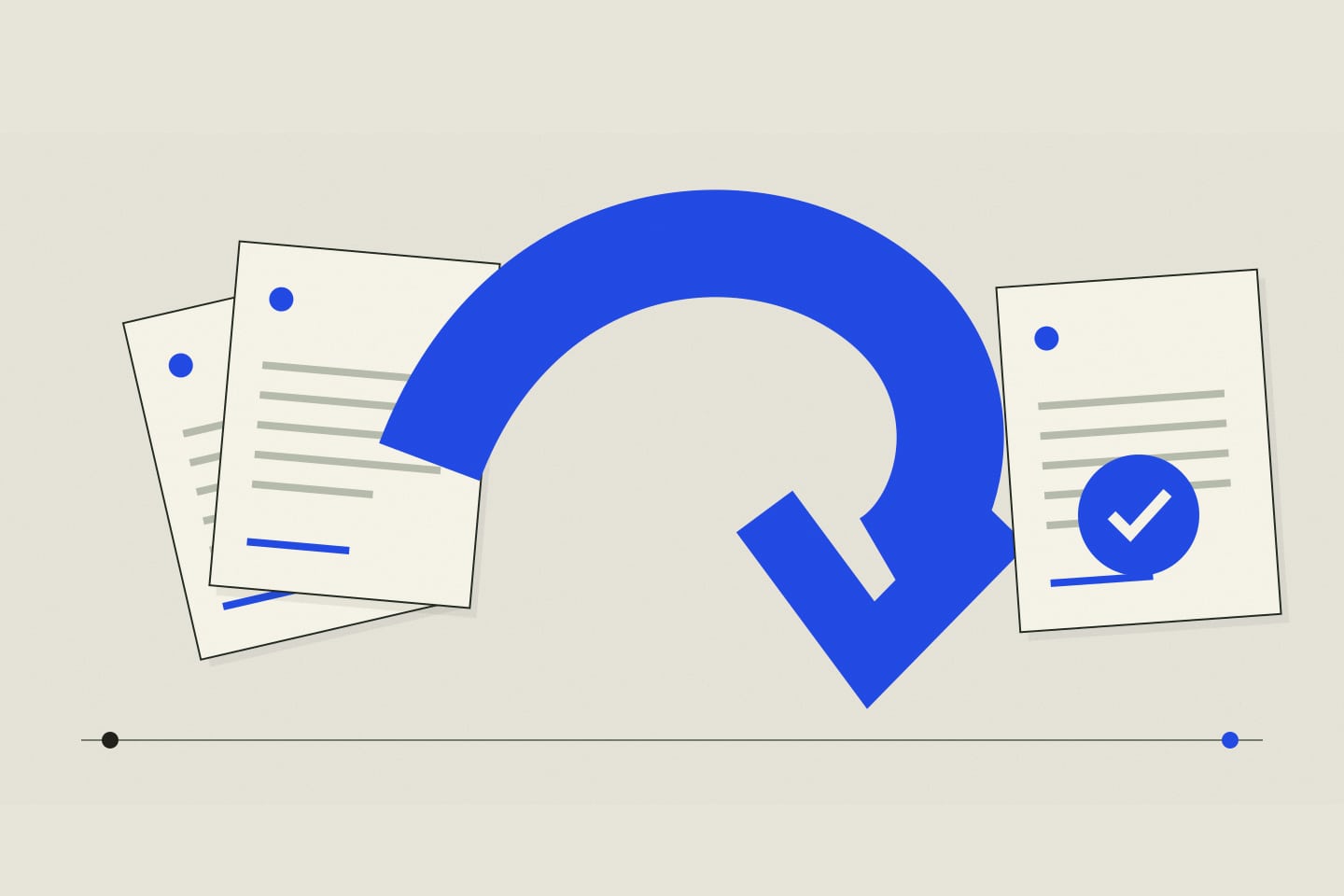 A stack of papers, a blue transition arrow, and a reviewed document representing one work task